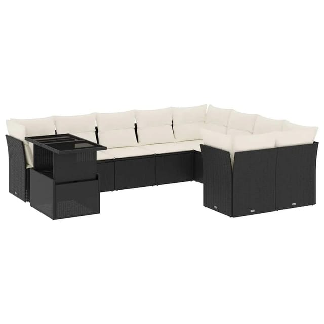 vidaXL 10-Tlg Garten-Sofagarnitur mit Kissen Schwarz Poly Rattan 3266846