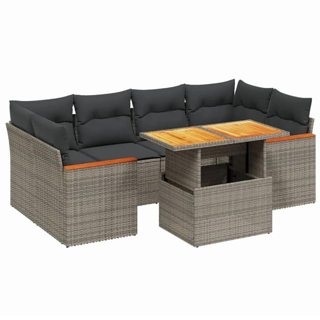 vidaXL 7-Tlg Garten-Sofagarnitur mit Kissen Grau Poly Rattan 3272978
