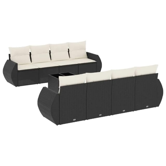 vidaXL 9-Tlg Garten-Sofagarnitur mit Kissen Schwarz Poly Rattan 3221145