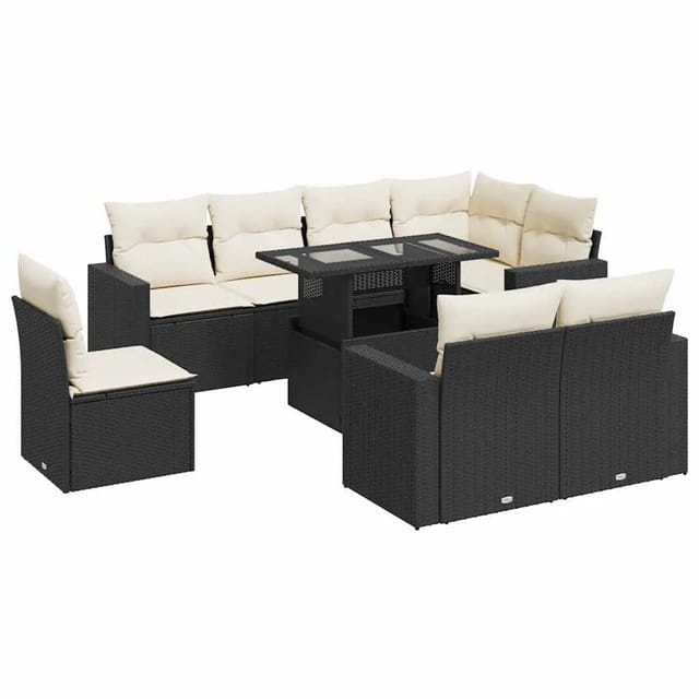 vidaXL 9-Tlg Garten-Sofagarnitur mit Kissen Schwarz Poly Rattan 3326337