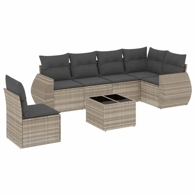 vidaXL 7-Tlg Garten-Sofagarnitur mit Kissen Hellgrau Poly Rattan 3221441