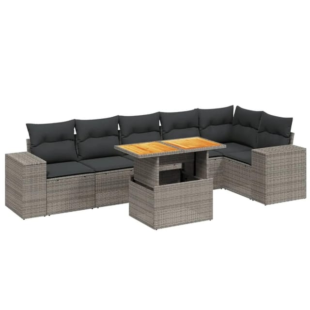 vidaXL 7-Tlg Garten-Sofagarnitur mit Kissen Grau Poly Rattan 3272649