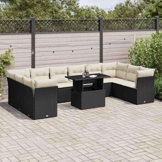 vidaXL 11-Tlg Garten-Sofagarnitur mit Kissen Schwarz Poly Rattan 3266856