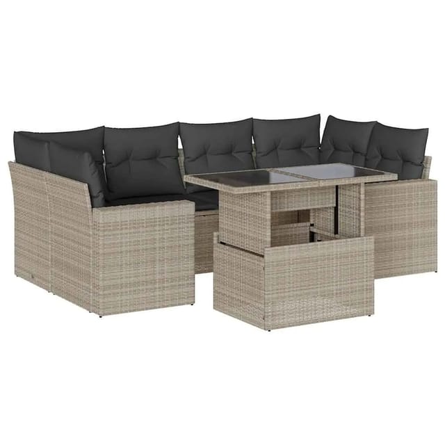 vidaXL 7-Tlg Garten-Sofagarnitur mit Kissen Hellgrau Poly Rattan 3267132