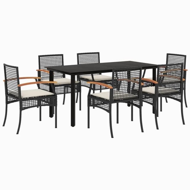 vidaXL 7-Tlg Garten-Essgruppe mit Kissen Schwarz Poly Rattan 3213607
