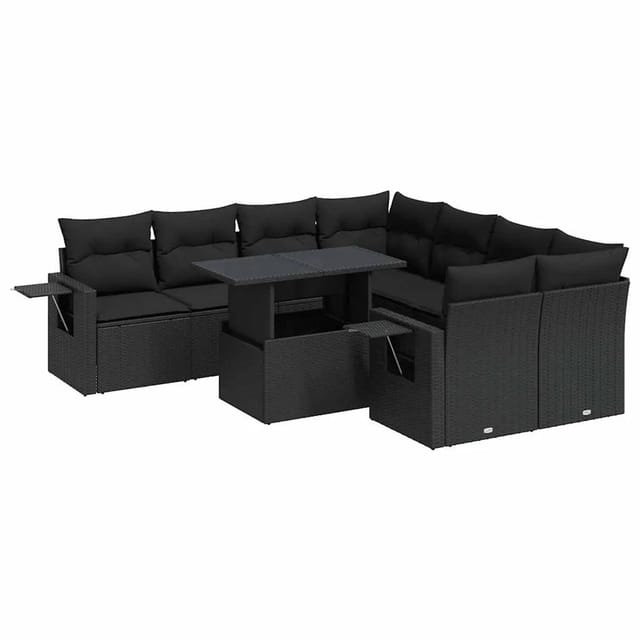 vidaXL 9-Tlg Garten-Sofagarnitur mit Kissen Schwarz Poly Rattan 3326446