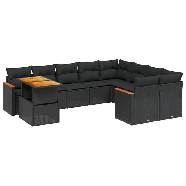 vidaXL 10-Tlg Garten-Sofagarnitur mit Kissen Schwarz Poly Rattan 3273239
