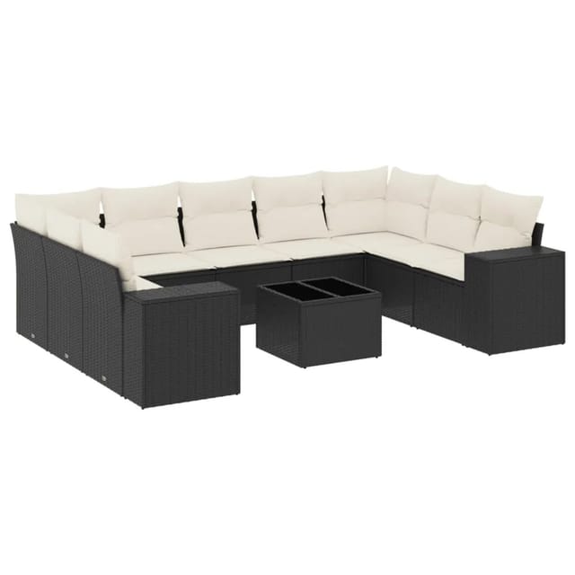 vidaXL 10-Tlg Garten-Sofagarnitur mit Kissen Schwarz Poly Rattan 3223005