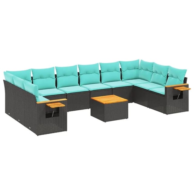 vidaXL 11-Tlg Garten-Sofagarnitur mit Kissen Schwarz Poly Rattan 3227170