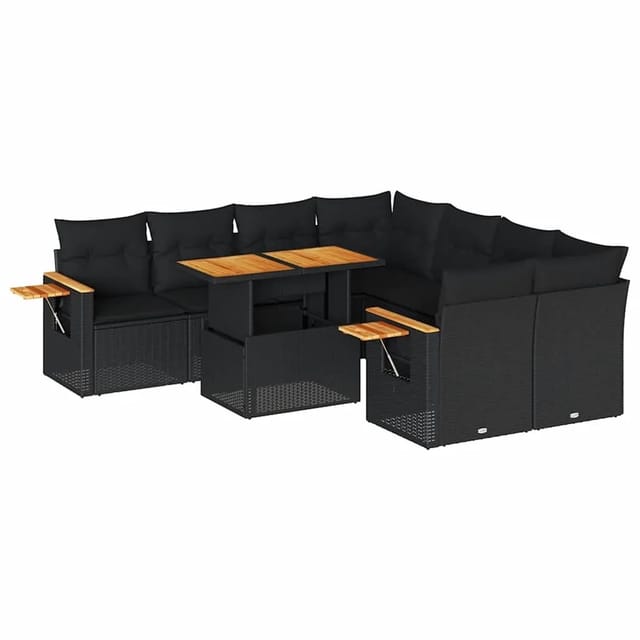 vidaXL 9-Tlg Garten-Sofagarnitur mit Kissen Schwarz Poly Rattan 3327576
