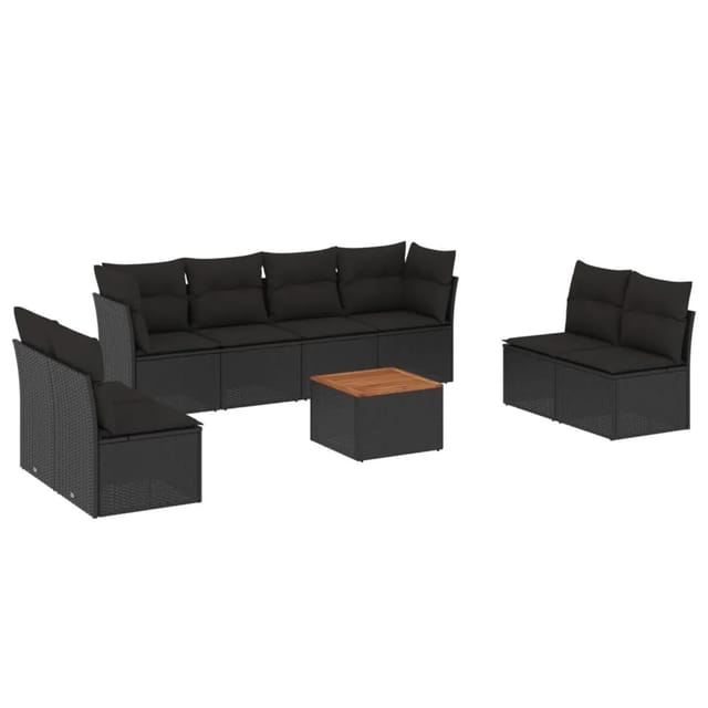 vidaXL 9-Tlg Garten-Sofagarnitur mit Kissen Schwarz Poly Rattan 3255908