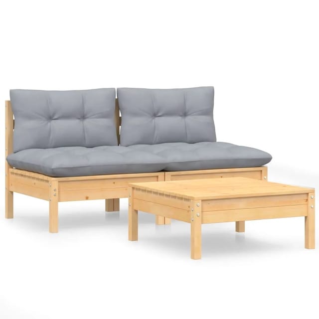 vidaXL 3-Tlg Garten-Lounge-Set mit Grauen Kissen Kiefernholz 3095997