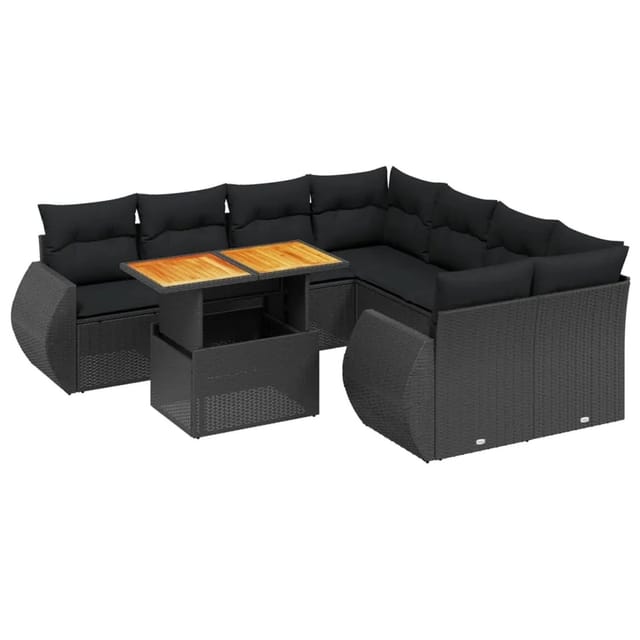 vidaXL 9-Tlg Garten-Sofagarnitur mit Kissen Schwarz Poly Rattan 3272119