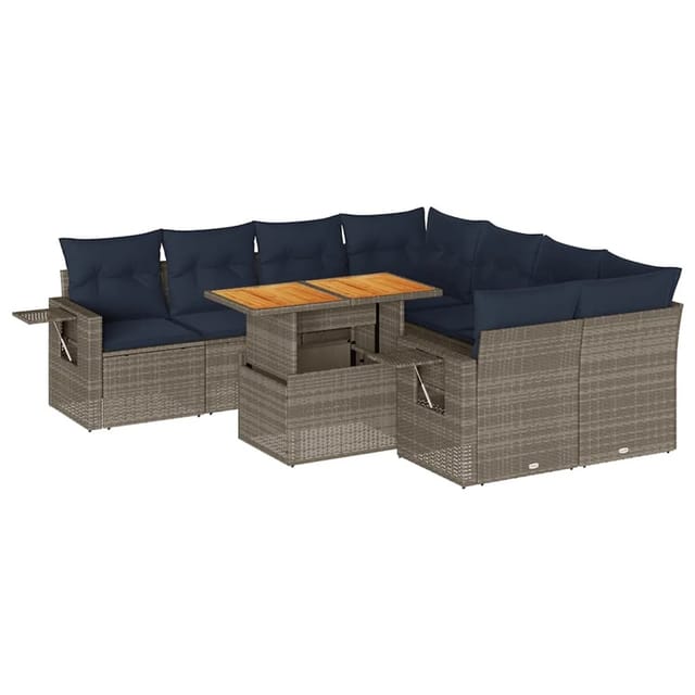 vidaXL 9-Tlg Garten-Sofagarnitur mit Kissen Grau Poly Rattan 3327134