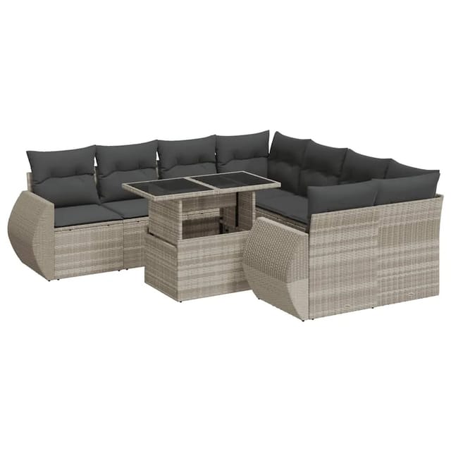 vidaXL 9-Tlg Garten-Sofagarnitur mit Kissen Hellgrau Poly Rattan 3326613