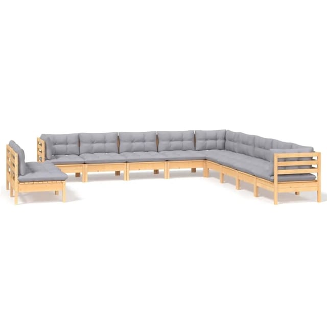 vidaXL 11-Tlg Garten-Lounge-Set mit Grauen Kissen Massivholz Kiefer 3096850