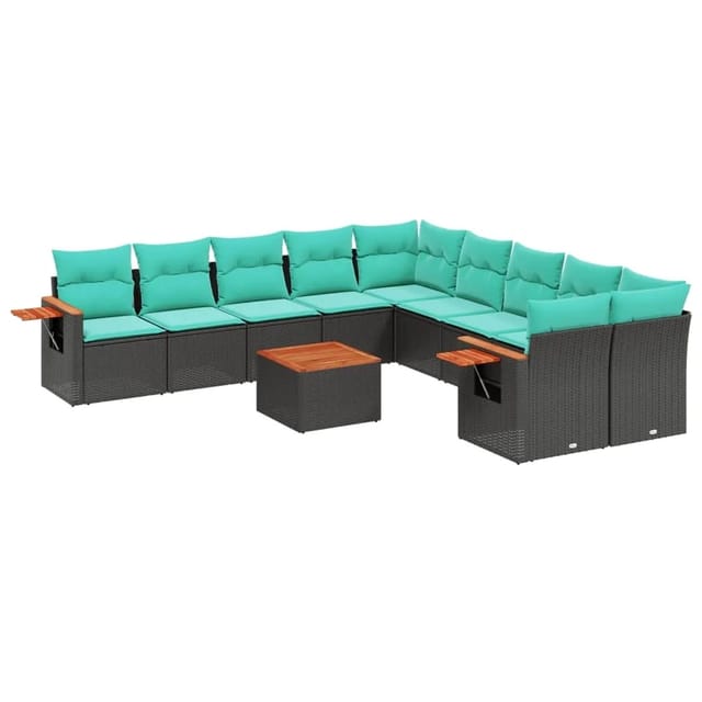vidaXL 11-Tlg Garten-Sofagarnitur mit Kissen Schwarz Poly Rattan 3227198