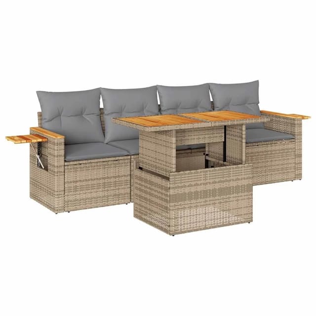 vidaXL 5-Tlg Garten-Sofagarnitur mit Kissen Beige Poly Rattan Akazie 3327545