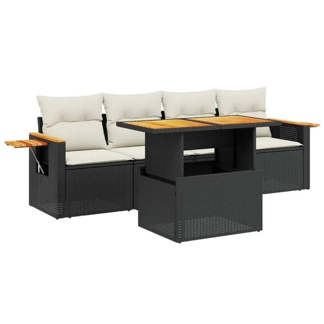 vidaXL 5-Tlg Garten-Sofagarnitur mit Kissen Schwarz Poly Rattan 3273394