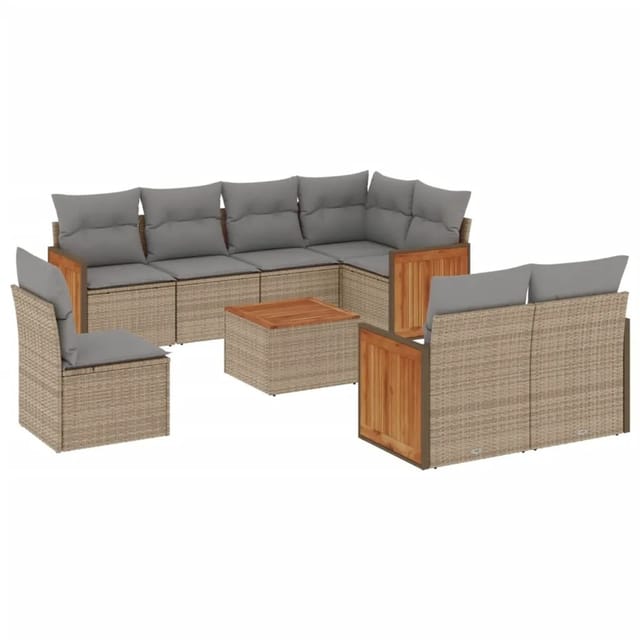 vidaXL 9-Tlg Garten-Sofagarnitur mit Kissen Beige Poly Rattan 3260253