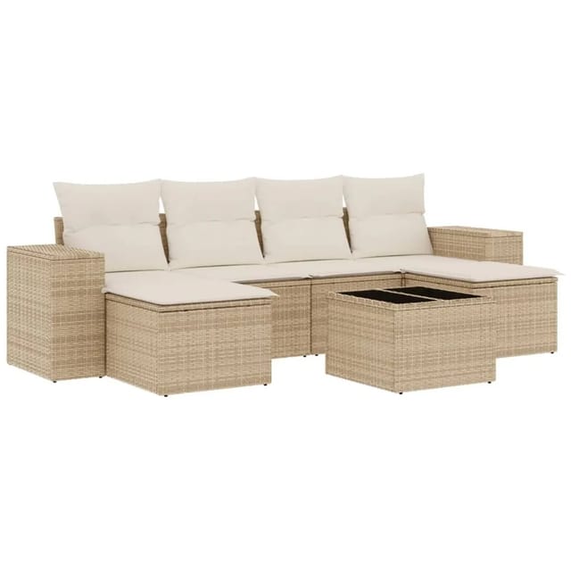 vidaXL 7-Tlg Garten-Sofagarnitur mit Kissen Beige Poly Rattan 3255265