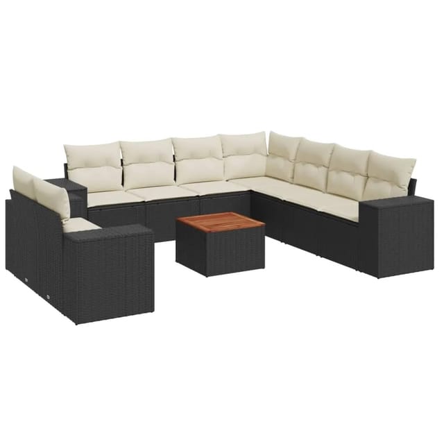 vidaXL 10-Tlg Garten-Sofagarnitur mit Kissen Schwarz Poly Rattan 3225510