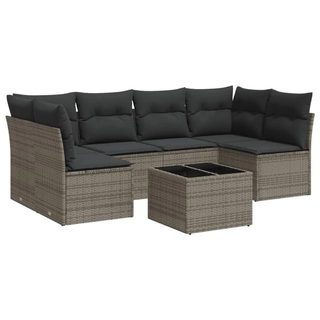 vidaXL 7-Tlg Garten-Sofagarnitur mit Kissen Grau Poly Rattan 3217400