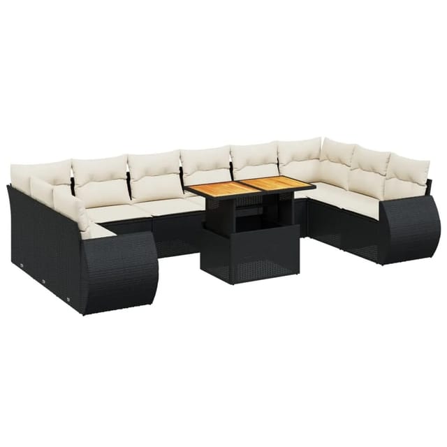 vidaXL 11-Tlg Garten-Sofagarnitur mit Kissen Schwarz Poly Rattan 3272365
