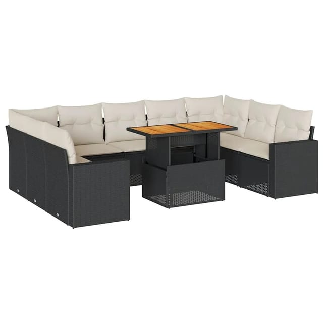 vidaXL 10-Tlg Garten-Sofagarnitur mit Kissen Schwarz Poly Rattan 3327080
