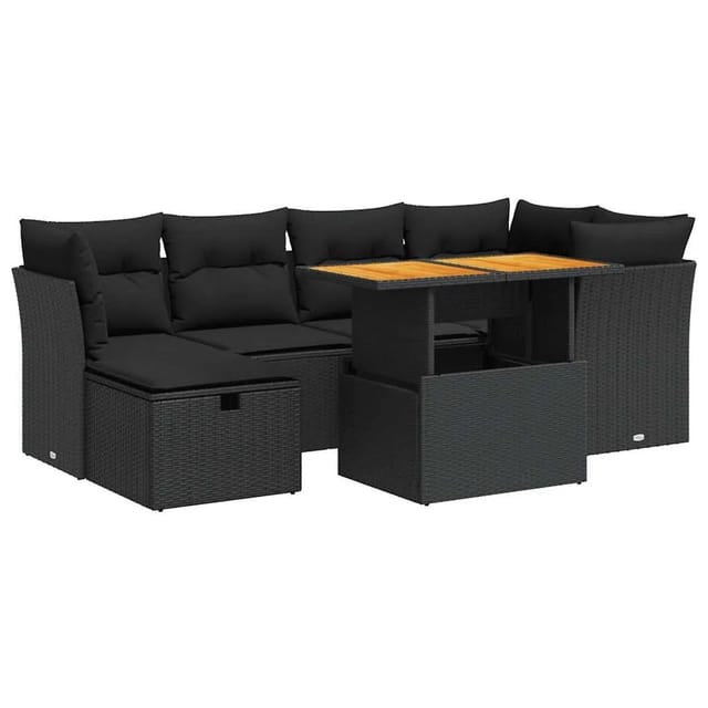 vidaXL 7-Tlg Garten-Sofagarnitur mit Kissen Schwarz Poly Rattan 3327972