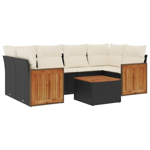vidaXL 7-Tlg Garten-Sofagarnitur mit Kissen Schwarz Poly Rattan 3227477