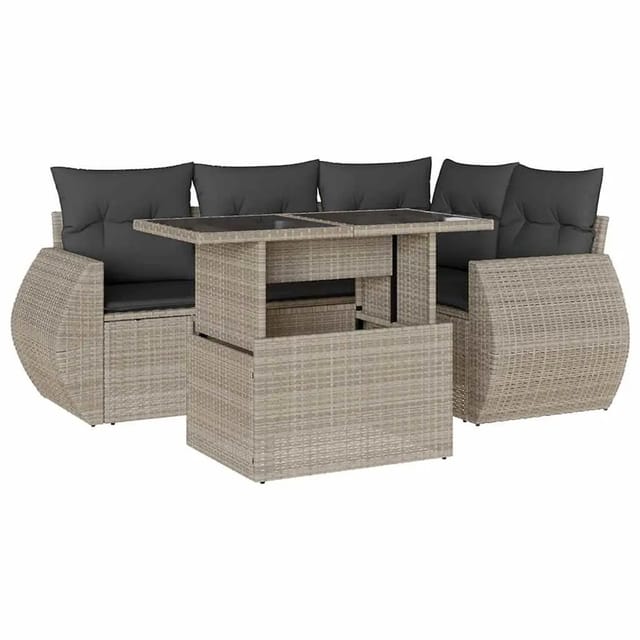 vidaXL 5-Tlg Garten-Sofagarnitur mit Kissen Hellgrau Poly Rattan 3268512