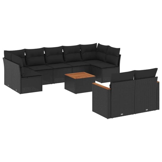 vidaXL 10-Tlg Garten-Sofagarnitur mit Kissen Schwarz Poly Rattan 3226293
