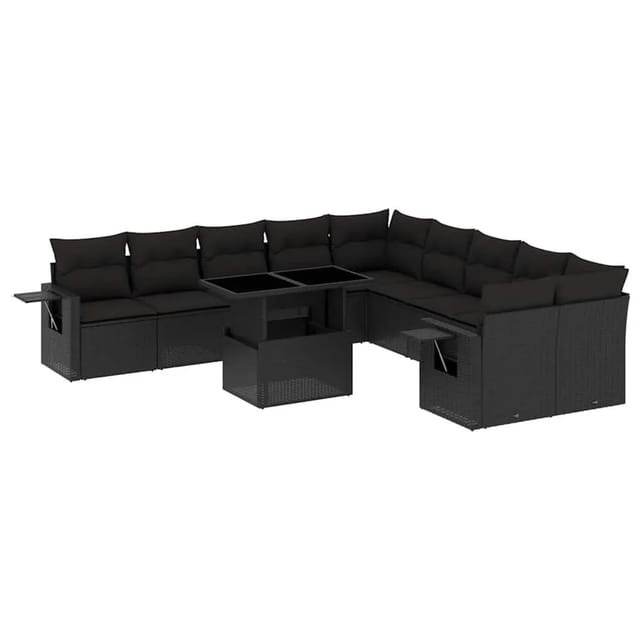 vidaXL 11-Tlg Garten-Sofagarnitur mit Kissen Schwarz Poly Rattan 3268165