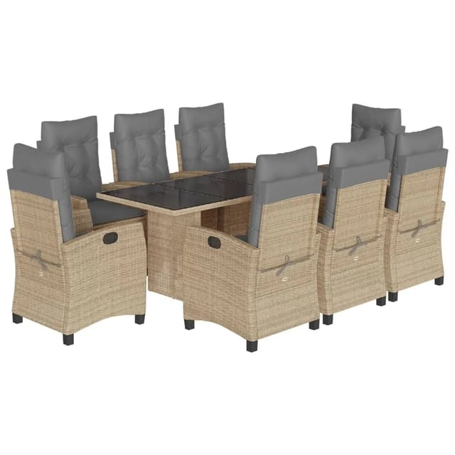 vidaXL 9-Tlg Garten-Essgruppe mit Kissen Beigemischung Poly Rattan 3212696