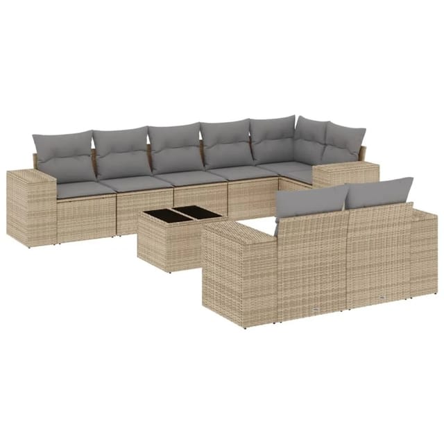 vidaXL 9-Tlg Garten-Sofagarnitur mit Kissen Beige Poly Rattan 3222828