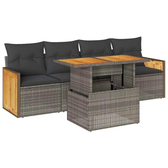 vidaXL 5-Tlg Garten-Sofagarnitur mit Kissen Grau Poly Rattan Akazie 3327658