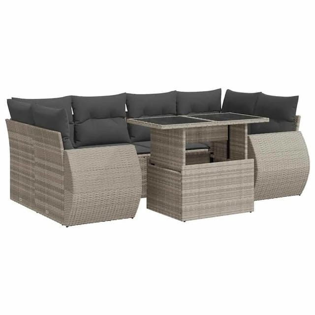 vidaXL 7-Tlg Garten-Sofagarnitur mit Kissen Hellgrau Poly Rattan 3326593