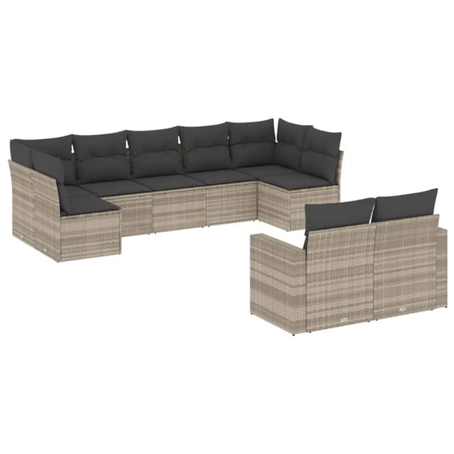 vidaXL 9-Tlg Garten-Sofagarnitur mit Kissen Hellgrau Poly Rattan 3219412