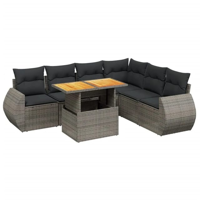 vidaXL 7-Tlg Garten-Sofagarnitur mit Kissen Grau Poly Rattan 3272215