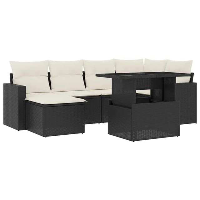 vidaXL 7-Tlg Garten-Sofagarnitur mit Kissen Schwarz Poly Rattan 3267416