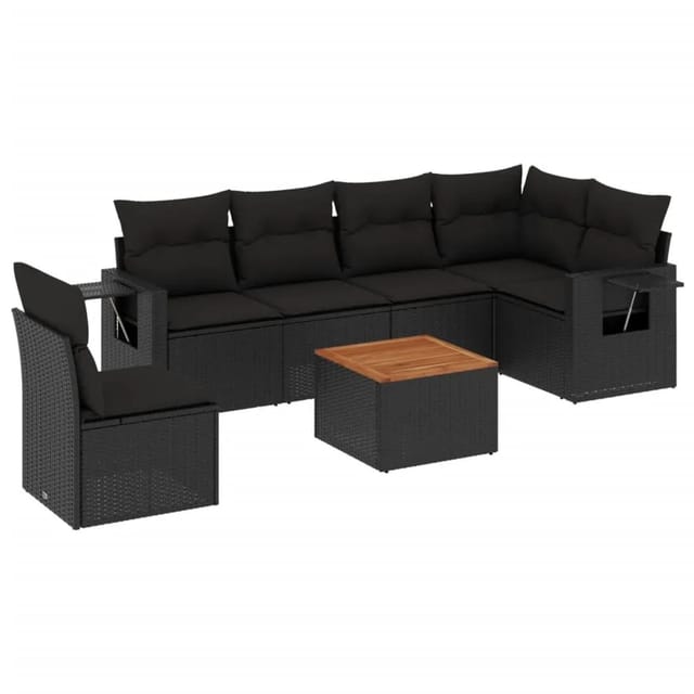 vidaXL 7-Tlg Garten-Sofagarnitur mit Kissen Schwarz Poly Rattan 3256916