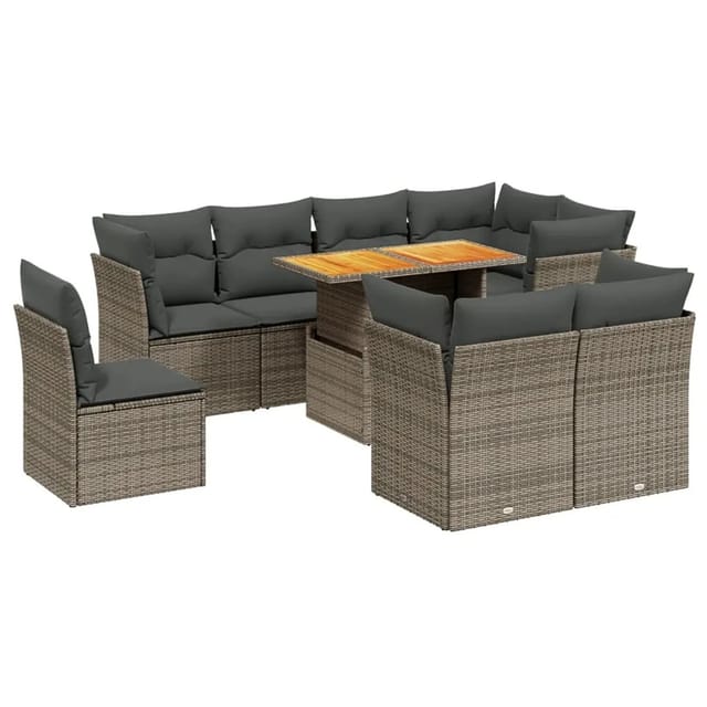 vidaXL 9-Tlg Garten-Sofagarnitur mit Kissen Grau Poly Rattan 3270934
