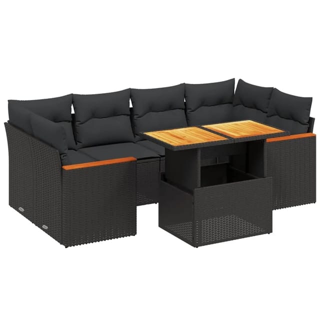 vidaXL 7-Tlg Garten-Sofagarnitur mit Kissen Schwarz Poly Rattan 3272973