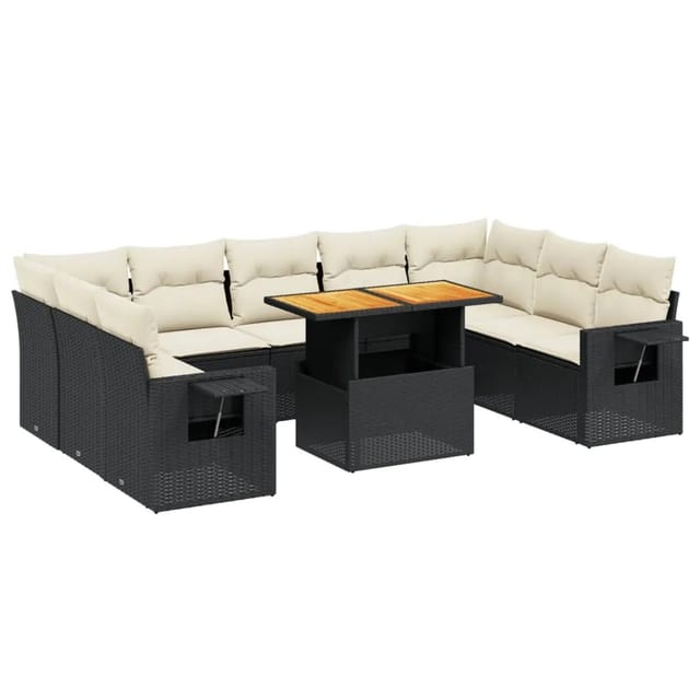 vidaXL 10-Tlg Garten-Sofagarnitur mit Kissen Schwarz Poly Rattan 3271896