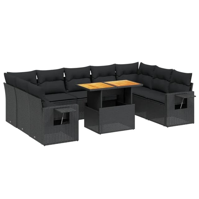 vidaXL 10-Tlg Garten-Sofagarnitur mit Kissen Schwarz Poly Rattan 3271895