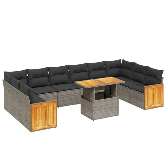 vidaXL 11-Tlg Garten-Sofagarnitur mit Kissen Grau Poly Rattan 3274133