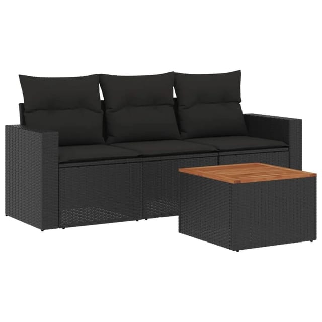 vidaXL 4-Tlg Garten-Sofagarnitur mit Kissen Schwarz Poly Rattan 3256321