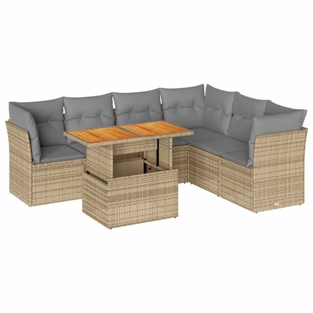 vidaXL 7-Tlg Garten-Sofagarnitur mit Kissen Beige Poly Rattan 3326936