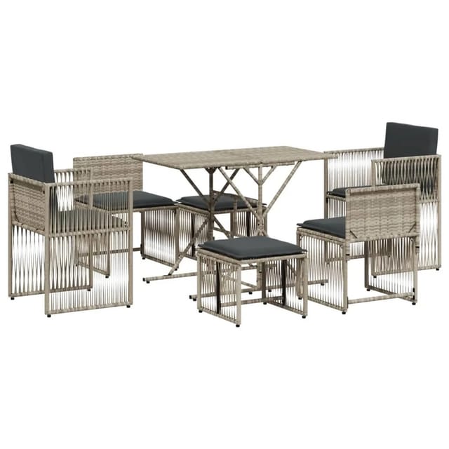 vidaXL 7-Tlg Garten-Essgruppe mit Kissen Hellgrau Poly Rattan 369014